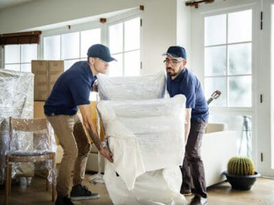 Two male movers lifting a sofa chair with other boxed up items around them